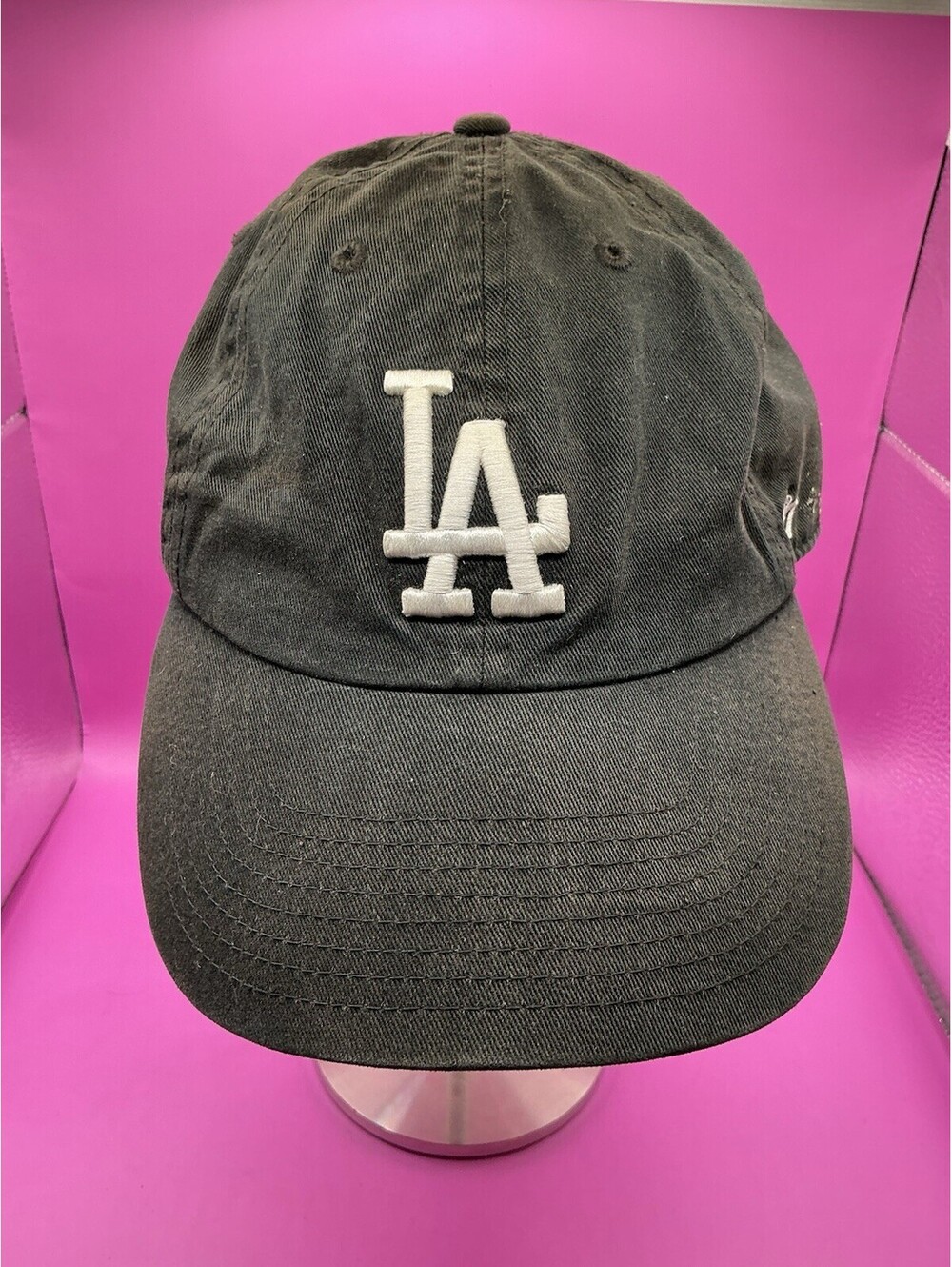 Men's La Cap Distress 47 Brand Black Baseball Cap with White